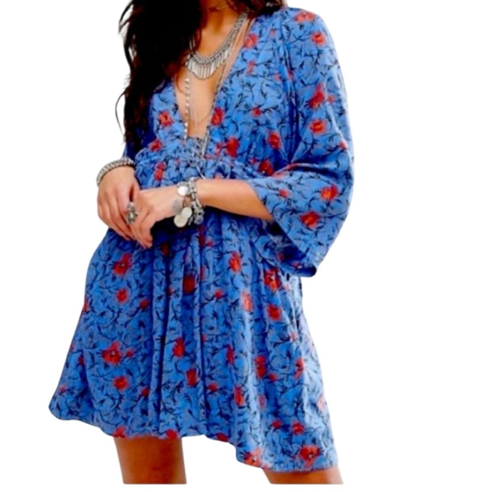 Free People Floral Blue and Red Dress